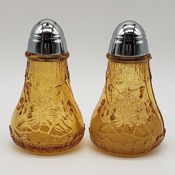 Viking Vintage Amber Glass Daisy Flowers Chrome Lid Salt & Pepper Shaker Set - Picture 2 of 11